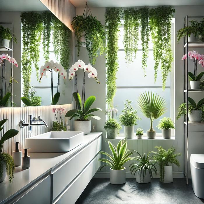 Orchids, Pothos and Ferns in Bathroom