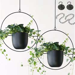 Round Black Metal Hanging Bathroom Planter Set with Ceiling Hooks and Extension Chains