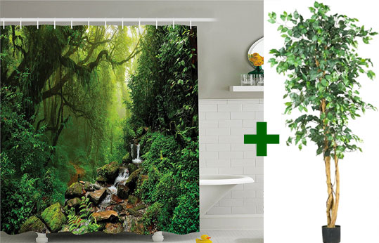 Turn Your Bathroom into a Forest with a Shower Curtain with Trees, Creek + Artificial Ficus Tree
