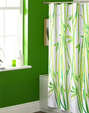 Green-Painted Bathrooom Wall with Bamboo Shower Curtain