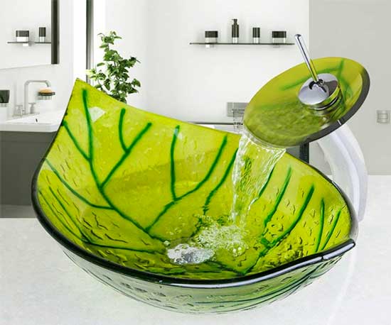 Green Glass Leaf Vessel Sink with Matching Faucet