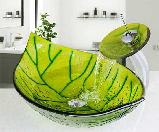 Green Glass Leaf Vessel Sink with Matching Faucet