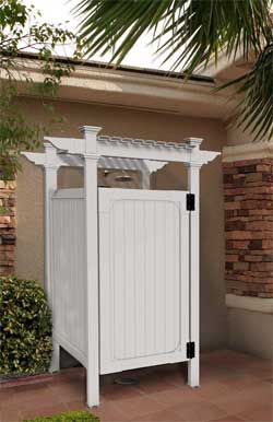 White Weather-Resistant Vinyl Outdoor Shower Stall for Privacy While Still Be Able to See Trees