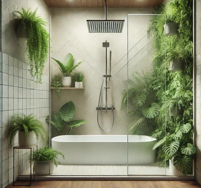 Rainshower in Bathroom with Plants