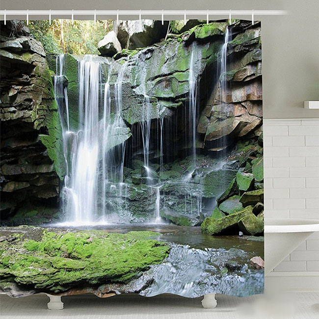 3D Waterfall Shower Curtain Around Clawfoot Tub in Bathroom