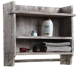 Grey Weathered Wood Wall Shelf Unit with Towel Rack