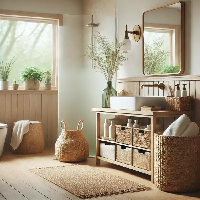 Woven Baskets, Rug, Planter in Bathroom